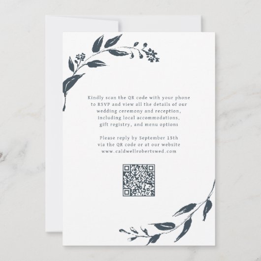 Trendy Charcoal Botanicals QR Code Wedding Einladung (Rückseite)