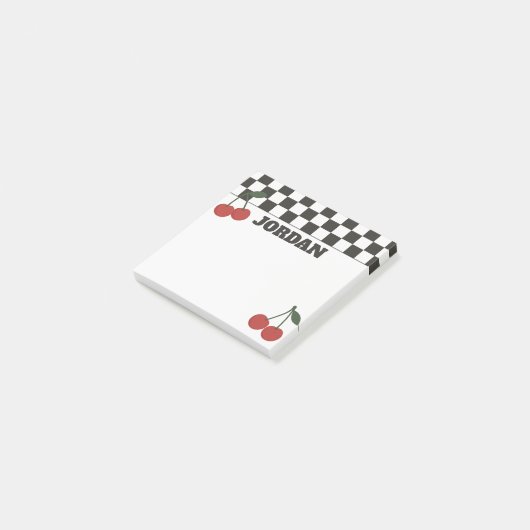Trendy Checkerboard & Cherry Custom Name Post-it Klebezettel (angewinkelt)