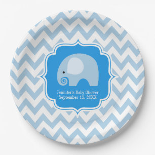 Trendy Chic Blue Elephant Baby Boy Dusche Zickzack Pappteller