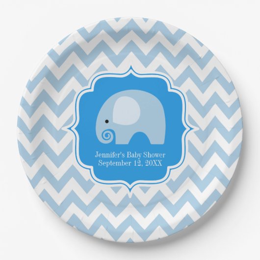 Trendy Chic Blue Elephant Baby Boy Dusche Zickzack Pappteller (Vorderseite)