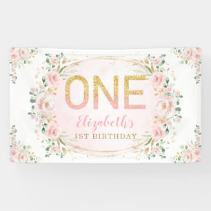 Trendy Chic Blush Gold Rosa Blume 1. Geburtstag Banner