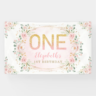 Trendy Chic Blush Gold Rosa Blume 1. Geburtstag Banner