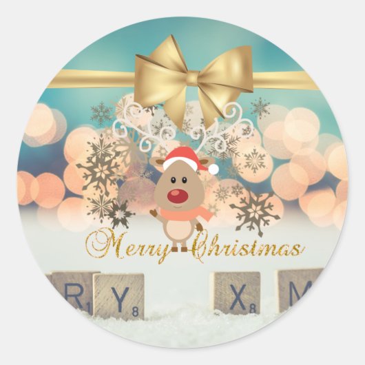 Trendy Christmas Rentier, Imitate Gold Bow, Bokeh Runder Aufkleber (Vorderseite)