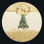 Trendy Christmas Tree, Imitate Gold Bow, Glittery Runder Aufkleber<br><div class="desc">Eleganter Weihnachtsbaum auf Imitaten goldene glänzende Hintergrundmusik.</div>