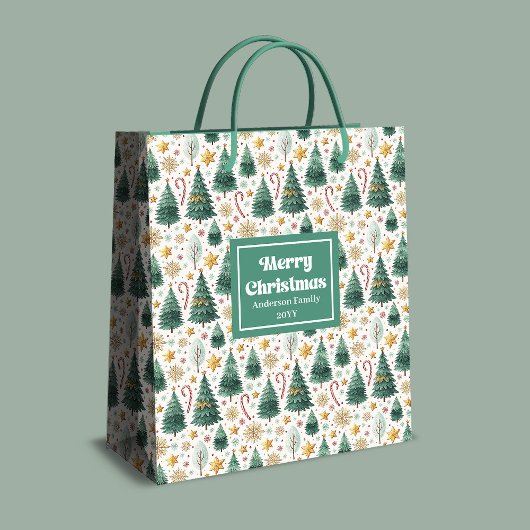 Trendy Christmas trees and candy canes name bag Mittlere Geschenktüte