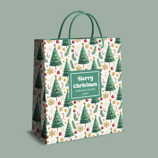 Trendy Christmas trees gift bag editable layout Mittlere Geschenktüte