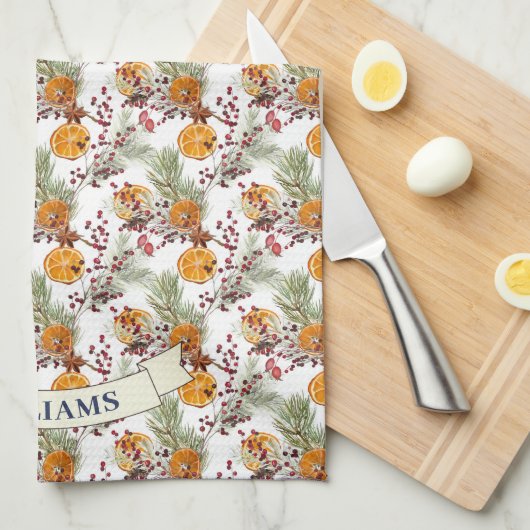 Trendy Citrus Orange Rustic PIne Greenery Geschirrtuch (Viertel Falte)