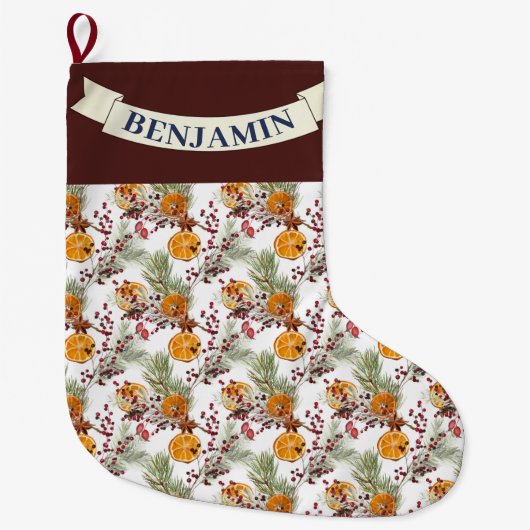 Trendy Citrus Orange Rustic PIne Greenery Großer Weihnachtsstrumpf (Vorderseite)