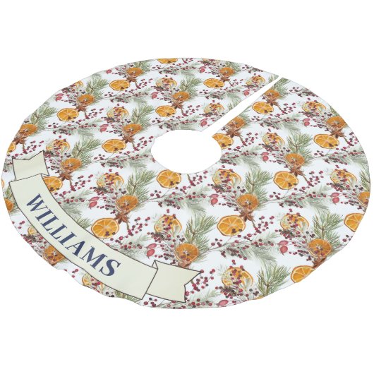 Trendy Citrus Orange Rustic PIne Greenery Polyester Weihnachtsbaumdecke (Schrägansicht)