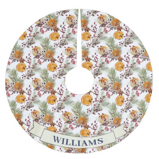 Trendy Citrus Orange Rustic PIne Greenery Polyester Weihnachtsbaumdecke (Vorderseite)