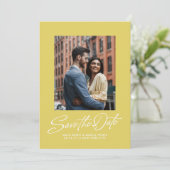 Trendy citrus yellow stylish script two photo save the date (Stehend Vorderseite)