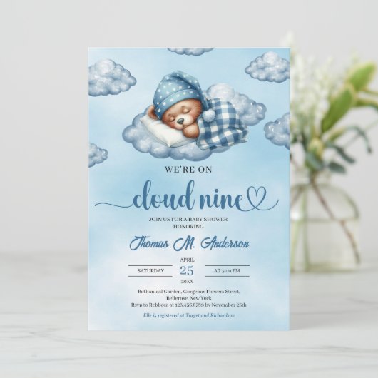 Trendy Cloud 9 Teddy Bär Boy Baby Showdusche Einladung (Stehend Vorderseite)