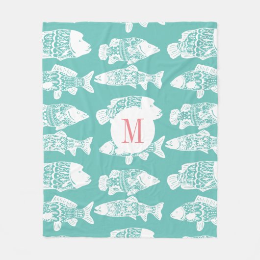 Trendy Coastal White Floral Fish | Monogramm Fleecedecke (Vorderseite)