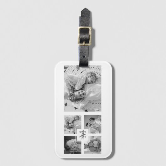 Trendy Collage Family Foto Black & White Initial Gepäckanhänger (Vorderseite Vertikal)