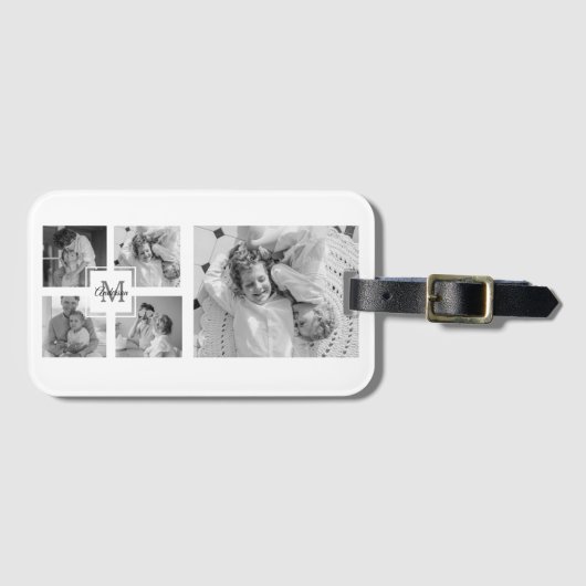 Trendy Collage Family Foto Black & White Initial Gepäckanhänger (Vorderseite (Horizontal))