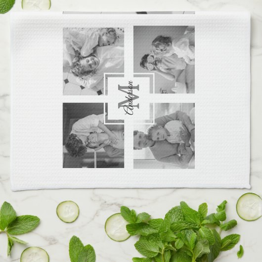 Trendy Collage Family Foto Black & White Initial Geschirrtuch (Gefaltet)