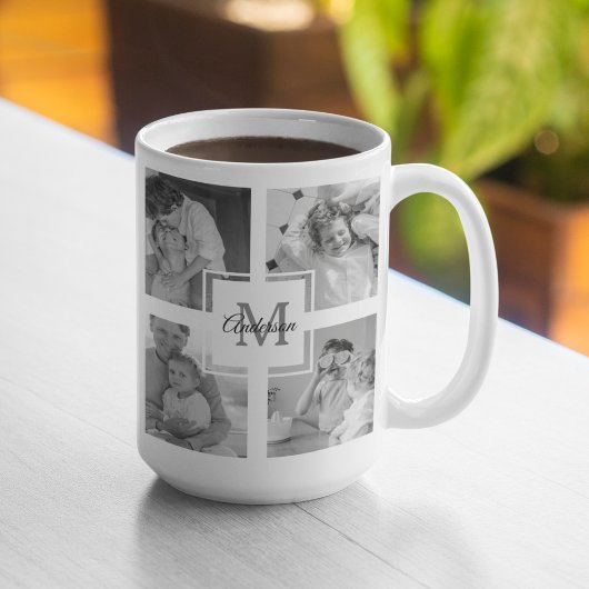 Trendy Collage Family Foto Black & White Initial Kaffeetasse