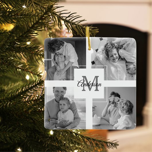 Trendy Collage Family Foto Black & White Initial Keramikornament