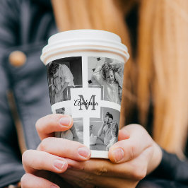 Trendy Collage Family Foto Black & White Initial Pappbecher