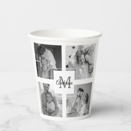 Trendy Collage Family Foto Black & White Initial Pappbecher (Vorderseite)