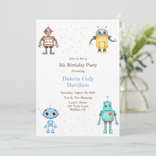 Trendy Colorful Robots Boy Birthday Party Einladung (Stehend Vorderseite)