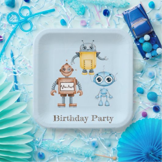 Trendy Colorful Robots Boy Birthday Party Pappteller (Party)