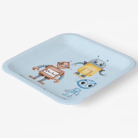 Trendy Colorful Robots Boy Birthday Party Pappteller (Gewinkelt)