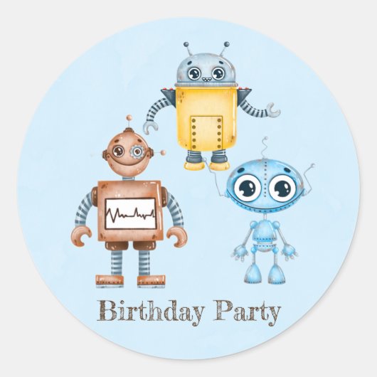 Trendy Colorful Robots Boy Birthday Party Runder Aufkleber (Vorderseite)
