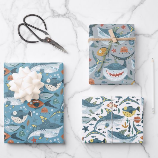 Trendy Colorful Shark Animal Children Boy Birthday Geschenkpapier Set (Vorderseite)