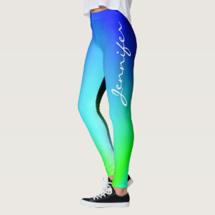 Trendy Cool Blue Green Ombre Gradient Name Typo Leggings
