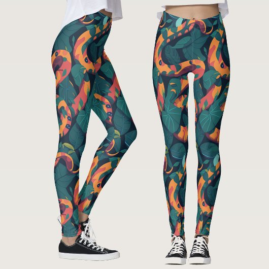 Trendy Cool Orange Snake Pattern Jungle Camouflage Leggings