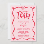 Trendy Coquette Red Bow Hello Thirty 30th Einladung (Vorderseite)