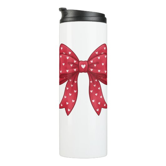 Trendy Coquette Red Ribbon Bow with White Hearts Thermosbecher (Nach rechts gedreht)