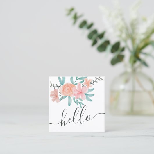 Trendy Coral floral Aquarell hello Skript Quadratische Visitenkarte (Stehend Vorderseite)