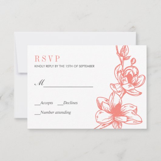 Trendy Coral Magnolia Blume Bloom | HochzeitsrSVP RSVP Karte (Vorderseite)