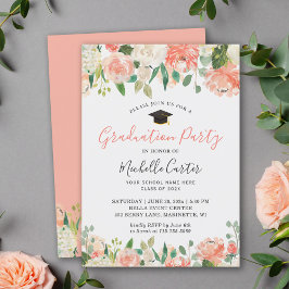 Trendy Coral Peach Floral Girl Graduation Party Einladung