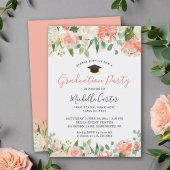 Trendy Coral Peach Floral Girl Graduation Party Einladung