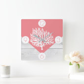 Trendy Coral Pink & White Holz Print Sea Coral Quadratische Wanduhr (Zuhause)