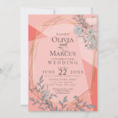 Trendy Coral Wedding Floral Geometric Goldrahmen Einladung (Vorderseite)