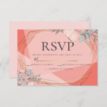 Trendy Coral Wedding RSVP Floral Gold Frame