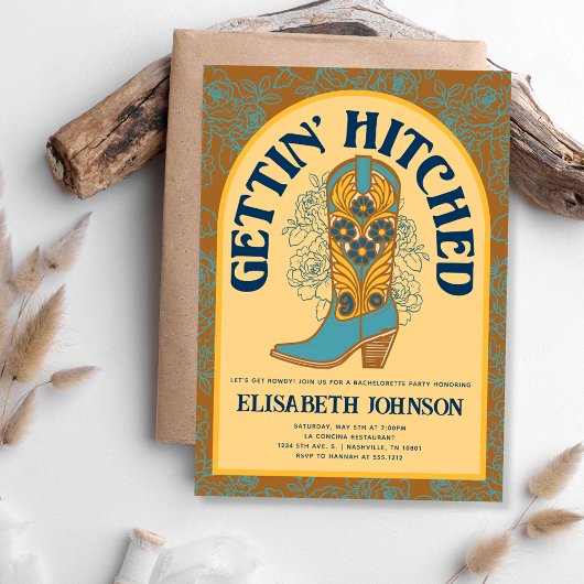 Trendy Cowboy Boot Gettin' Hitched Bachelorette Einladung