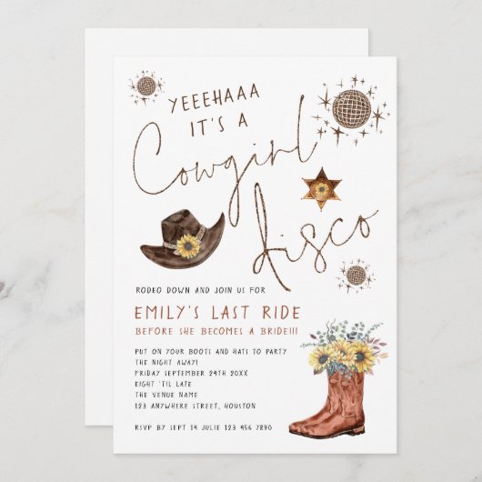 Trendy Cowgirl Disco Glitzer Junggeselinnen-Abschi Einladung (Vorne/Hinten)