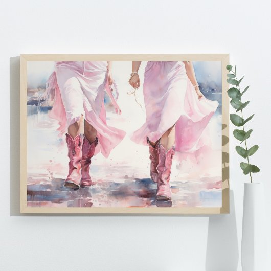 Trendy Cowgirls Boots Watercolor Walking on Beach Poster