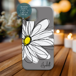 Trendy Daisy Floral Illustration - grau und gelb iPhone 16 Plus Hülle