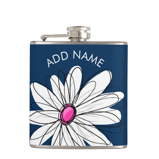 Trendy Daisy Floral Illustration - Marine und Rosa Flachmann (Vorderseite)