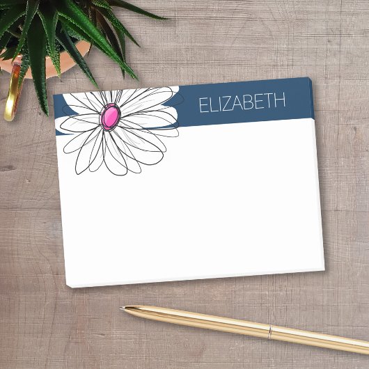 Trendy Daisy Floral Illustration - Marine und Rosa Post-it Klebezettel