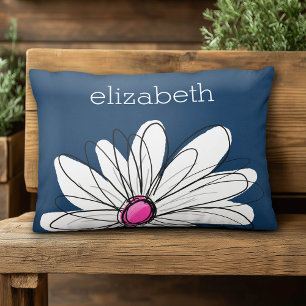 Trendy Daisy Floral Illustration - Marine und Rosa Zierkissen