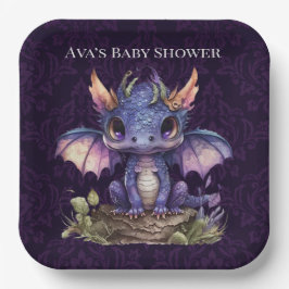 Trendy Damask Lila Dragon Girl Boy Babydusche Pappteller