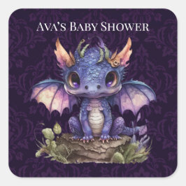 Trendy Damask Lila Dragon Girl Boy Babydusche Quadratischer Aufkleber