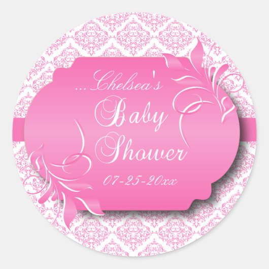 Trendy Damask und Pink für eine Babydusche Runder Aufkleber (Vorderseite)